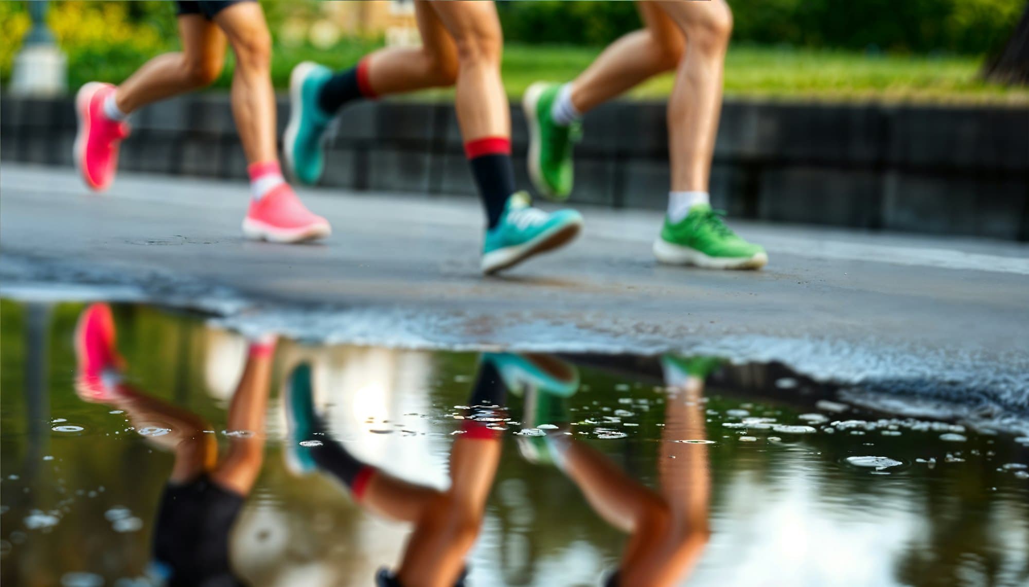 Runners' legs reflected in a puddle on a wet road