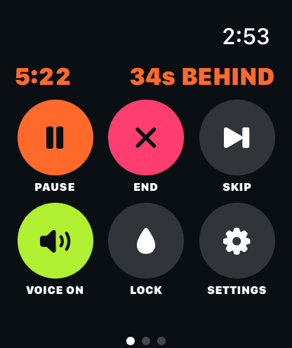Squall on Apple Watch: the controls page: pace 5:22 and 34 seconds behind across the top, then Pause, End, Skip, Voice on, Lock and Settings.